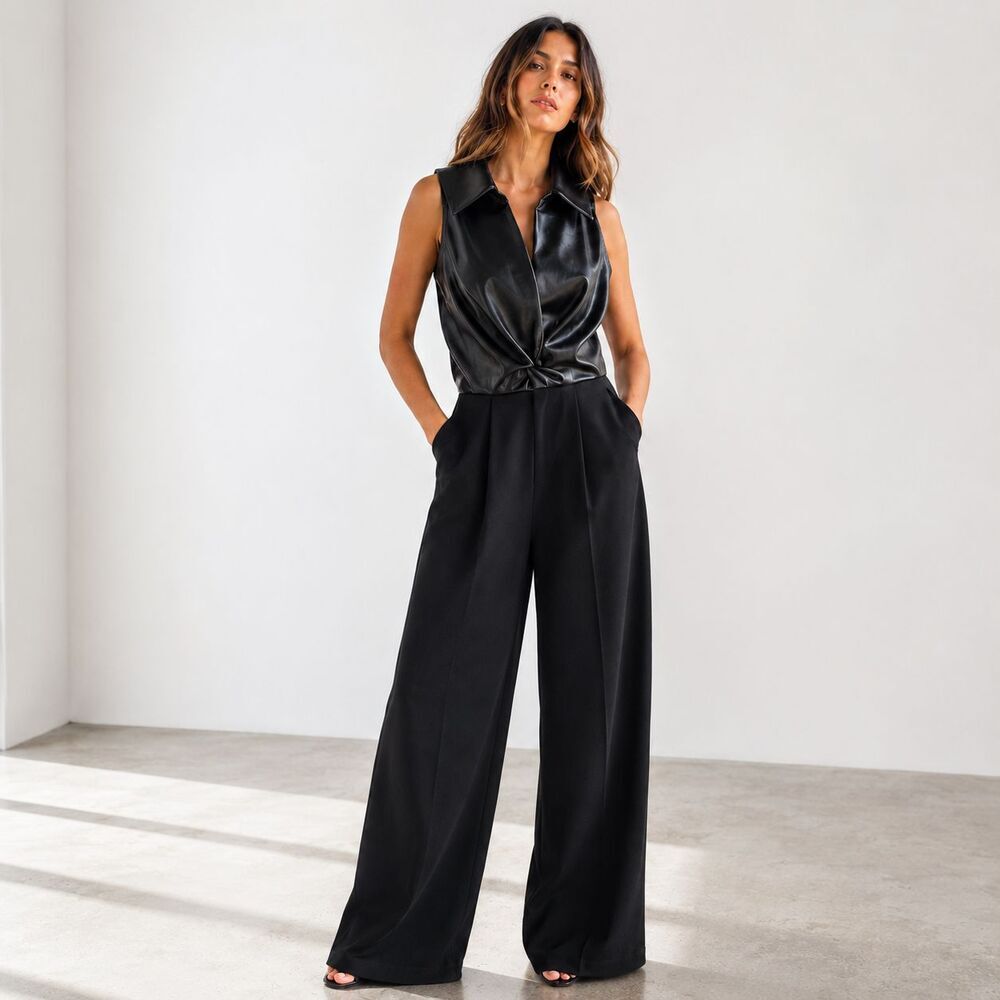 Donna Karan Black Faux Leather Wide Leg Jumpsuit Collared Pockets Size 6